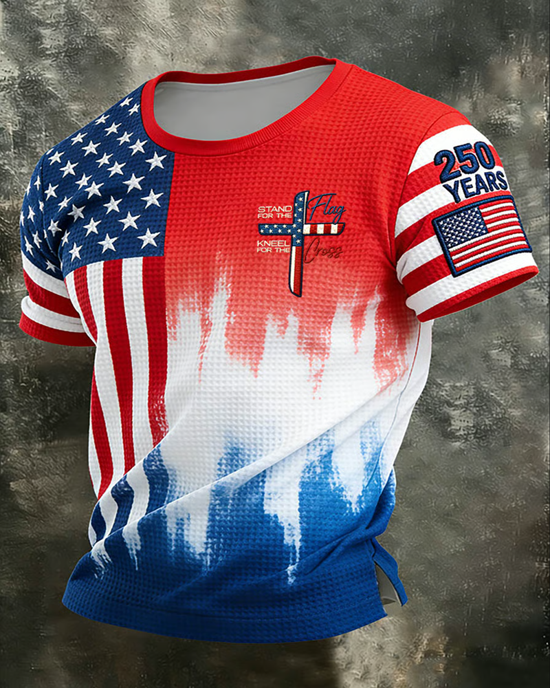 Men's American 250th Anniversary Waffle Knit Crew Neck T-Shirt with Slits at the Hem