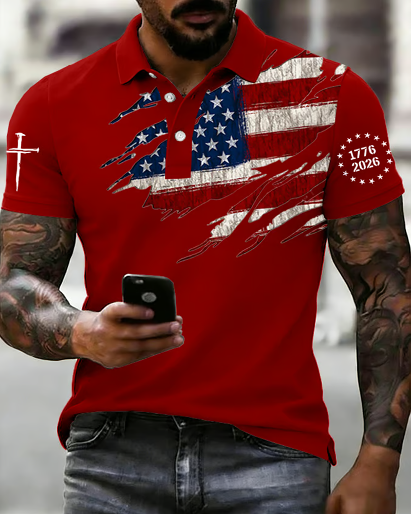 Men's 250th Anniversary National Flag Print Casual Polo Shirt