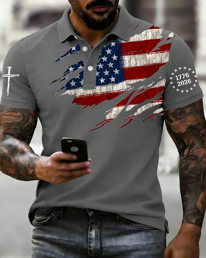 Men's 250th Anniversary National Flag Print Casual Polo Shirt