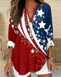 Star and Stripe Colorblock V-Neck Long Sleeve Blouse
