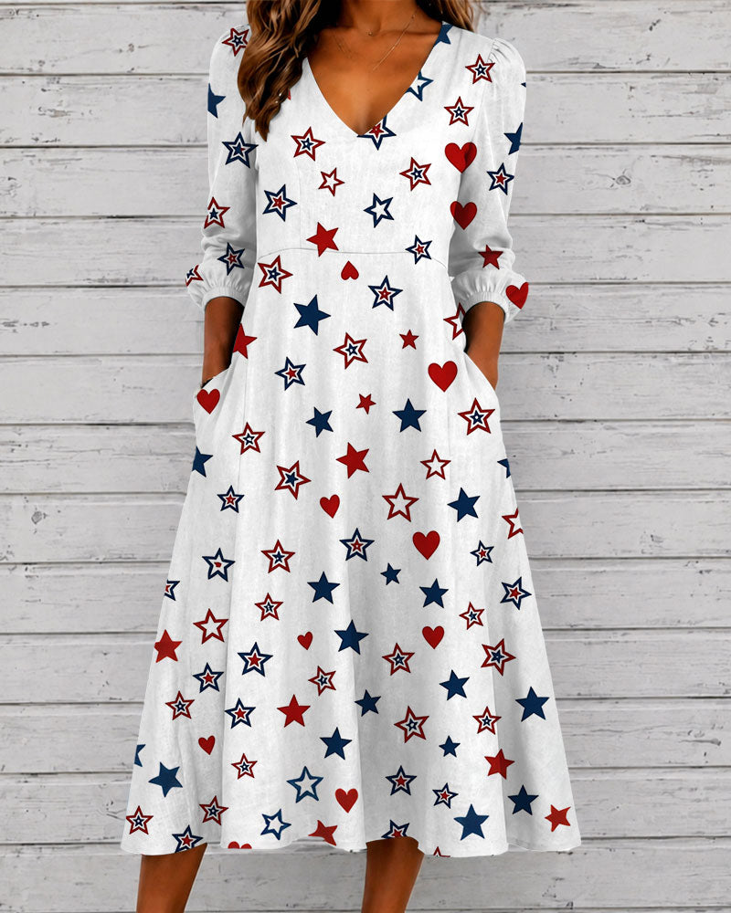 Star and Heart V-neck Puff Sleeve Casual Dress