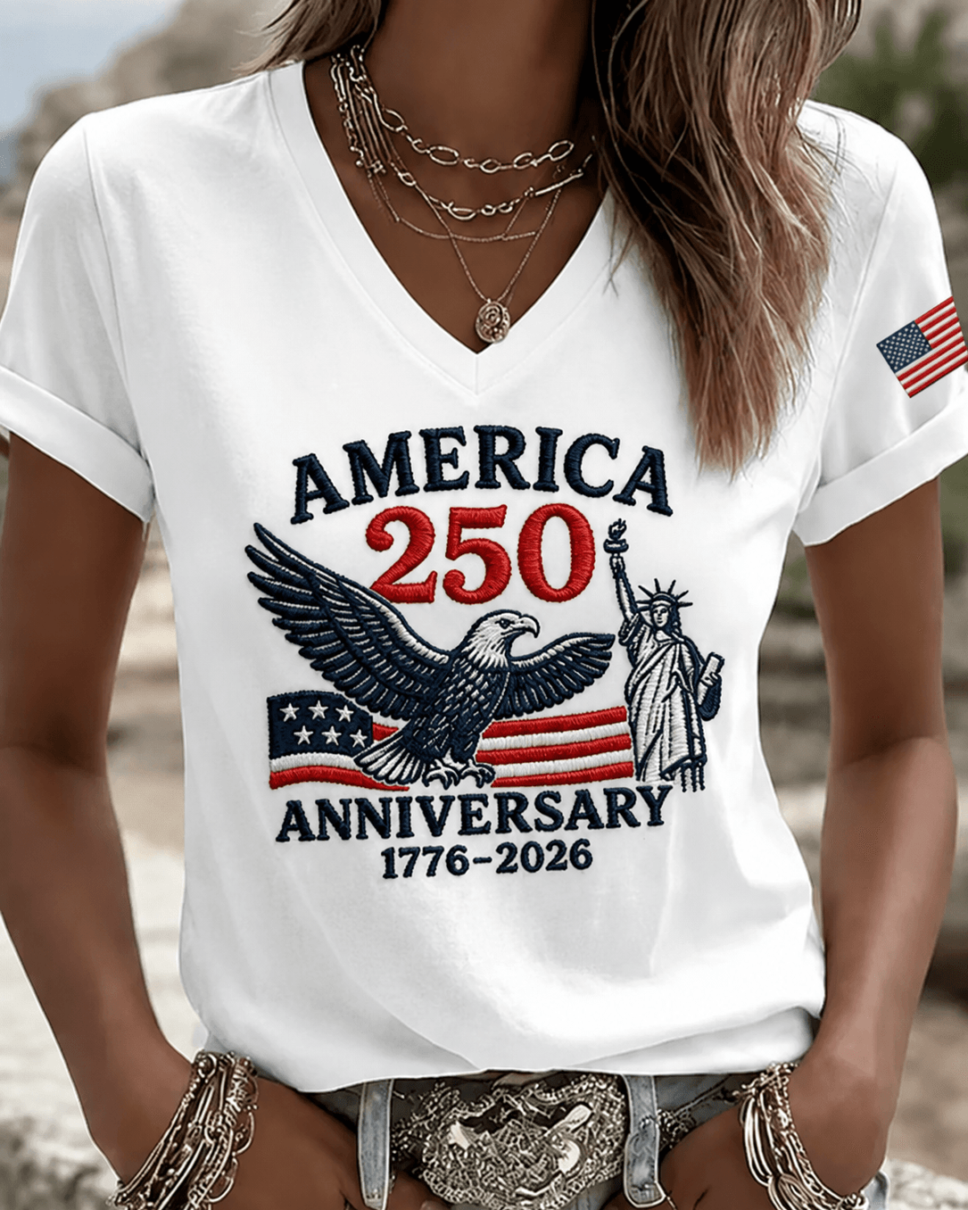 100% Cotton Statue of Liberty 250th Anniversary V Neck Short Sleeve Tshirt