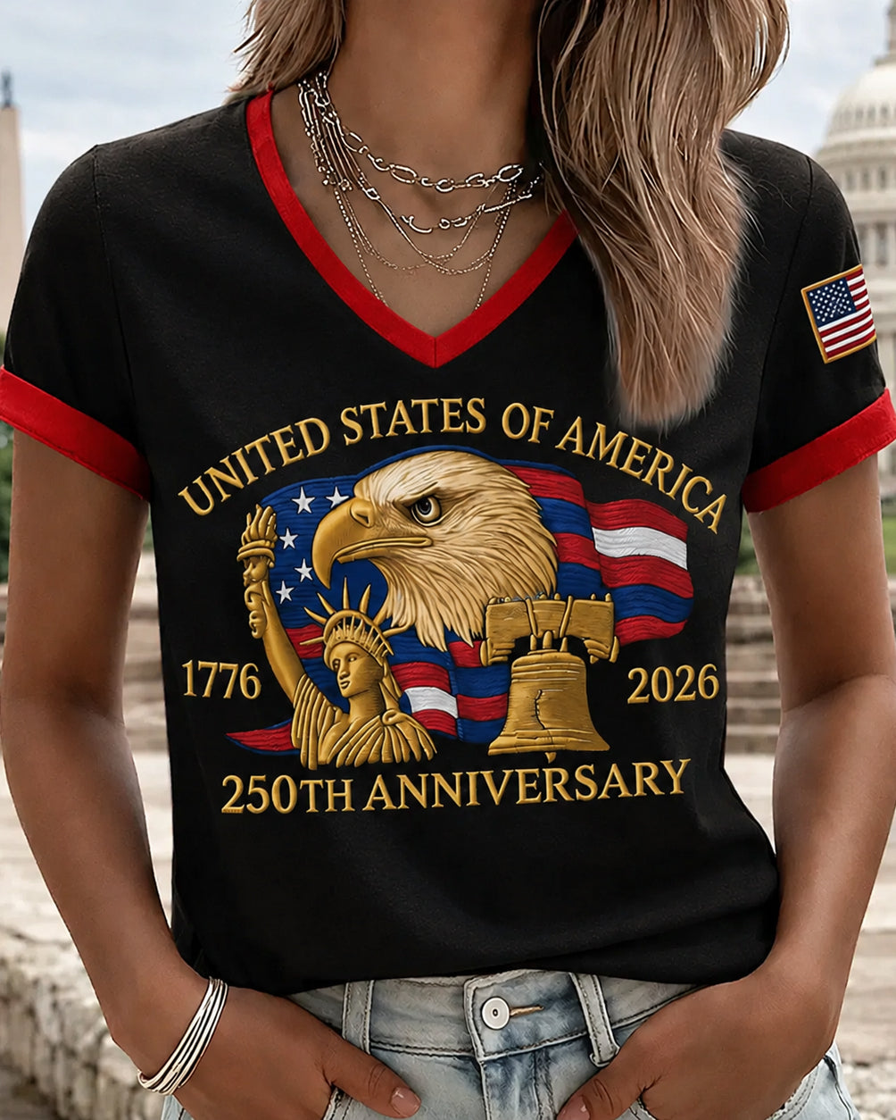 Statue of Liberty 250th Anniversary Print V-neck Short Sleeve Tshirt