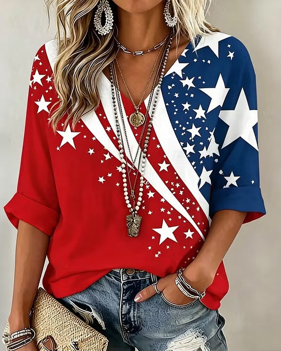 Striped Star Print V-neck Half Sleeved Loose Top