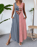 Striped Checkered Patchwork Heart Print Round Neck Pocket Casual Dress