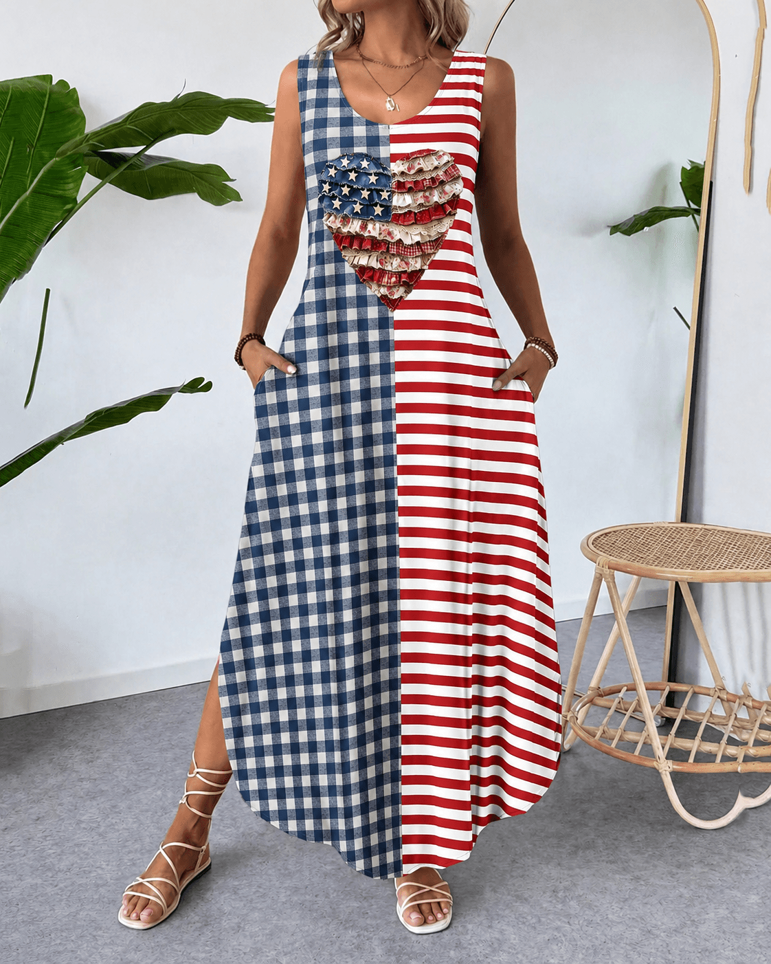 Striped Checkered Patchwork Heart Print Round Neck Pocket Casual Dress