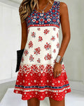 Striped Floral Patchwork Round Neck Sleeveless Mini Casual Dress