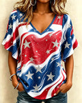 Striped Silver Star Print V-Neck Lace Sleeve T-shirt