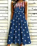 Striped Star Patchwork Sleeveless Pockets Casual Dress