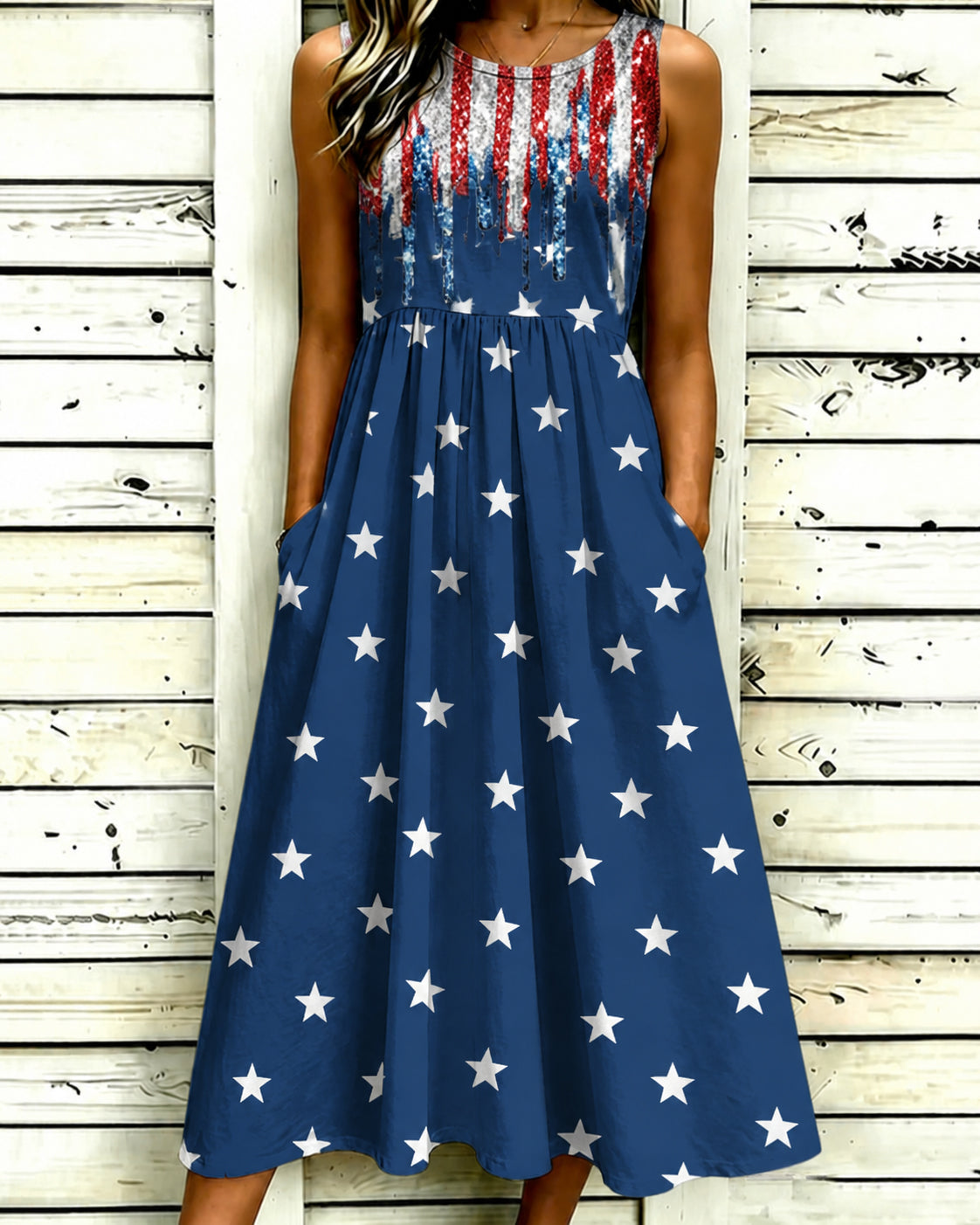 Striped Star Patchwork Sleeveless Pockets Casual Dress