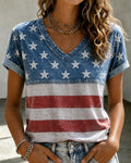 Striped Star Patchwork Print V-neck Short Sleeve Tshirt