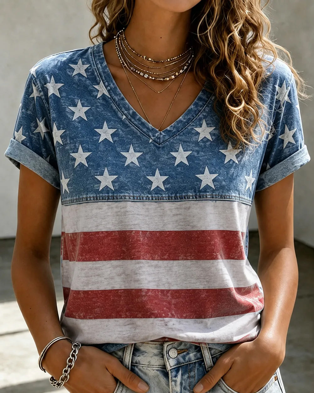 Striped Star Patchwork Print V-neck Short Sleeve Tshirt