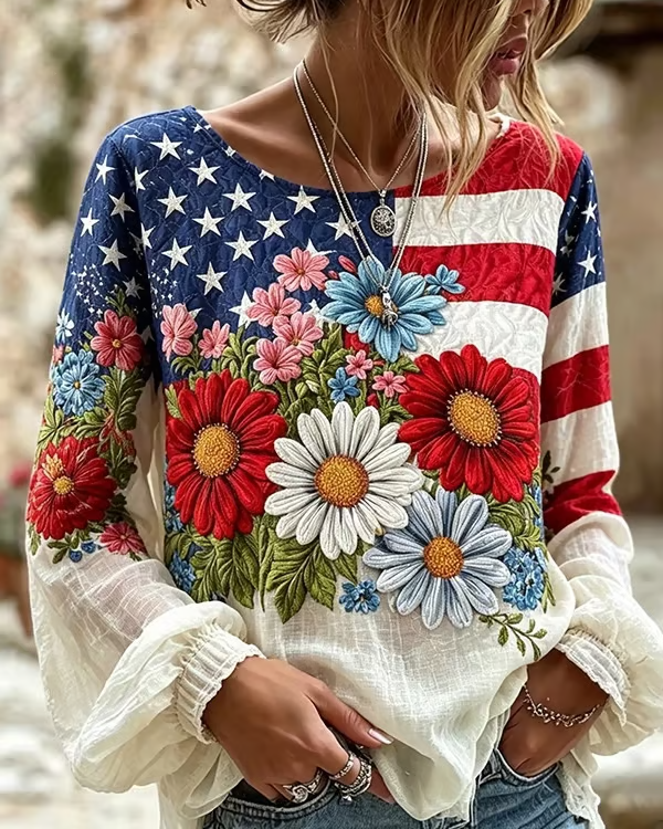 Sunflower American Flag Print Round Neck Puff Sleeves Blouse