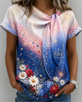Sunflower Gradient Print Tie-Neck Short-Sleeve Top