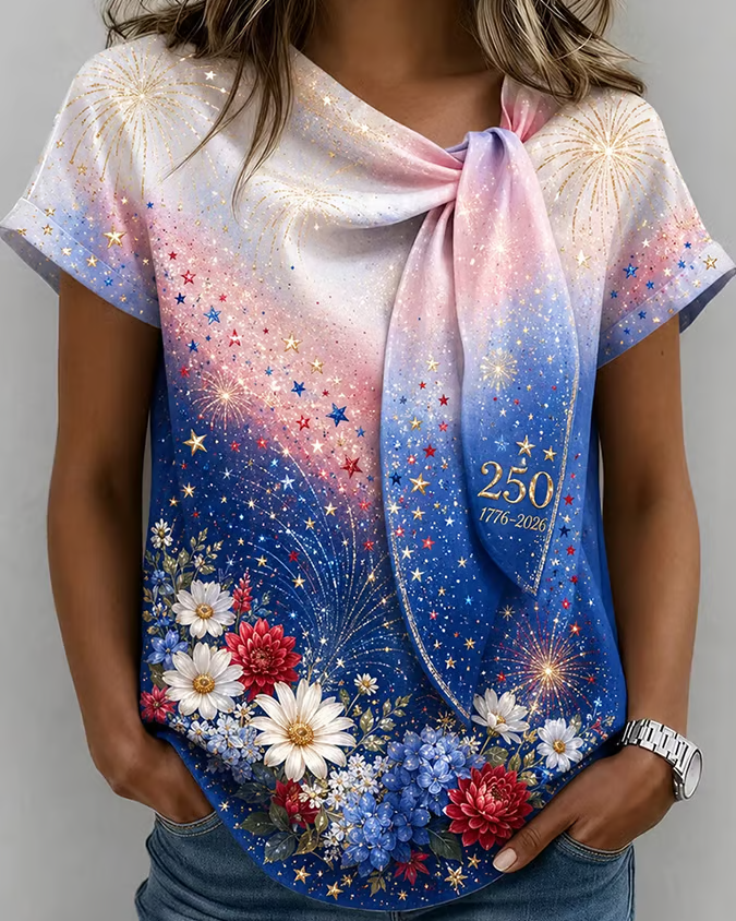 Sunflower Gradient Print Tie-Neck Short-Sleeve Top