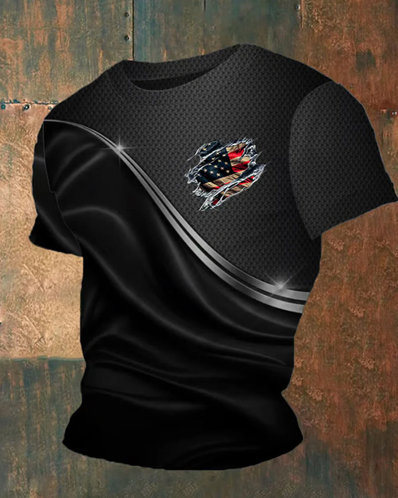 Black Wave Line Tear American Flag Print Men's Short Sleeve T-Shirt