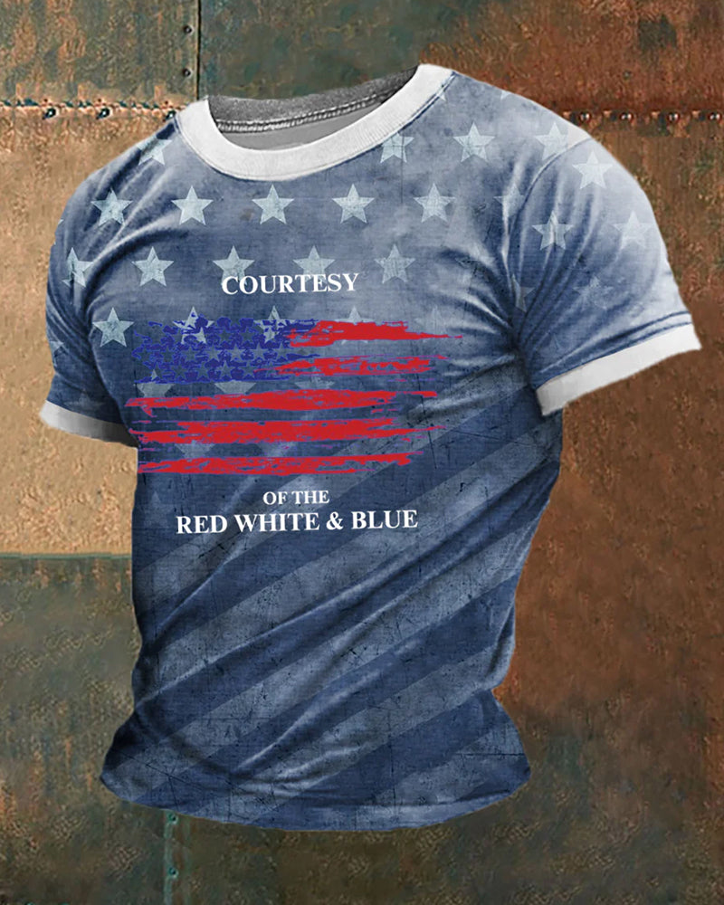 Antique Blue Bottom Stars And Stripes Slogan Vintage Printed Men's Short Sleeve T-Shirt