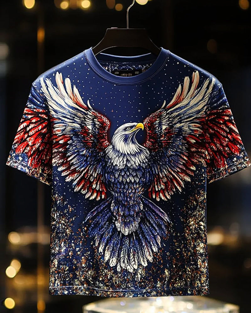 Starry Glitter Dark Blue Base Sprewinged Bald Eagle Full Print Short-Sleeved T-Shirt