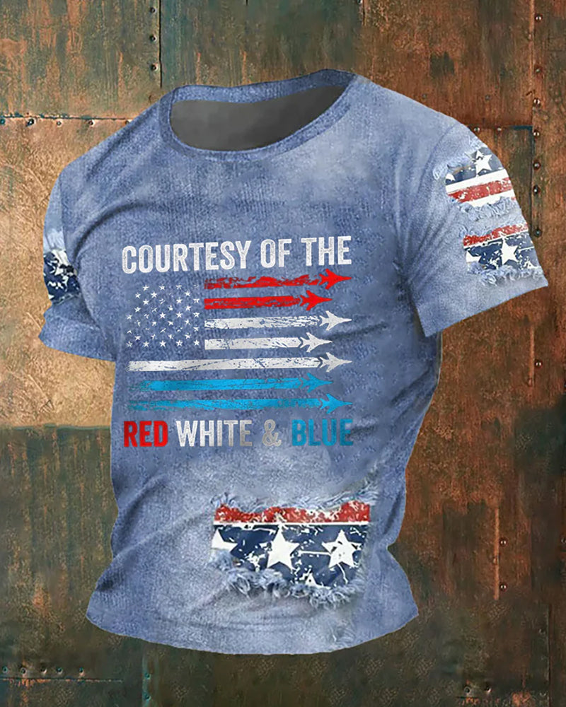 Cowboy Blue Distressed Hole Stars And Stripes Slogan American Short-sleeved T-shirt