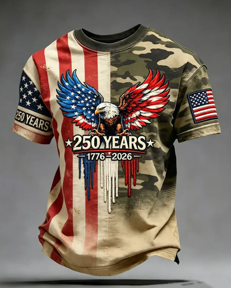 250 Anniversary Camouflage Flag Patchwork Bald Eagle Print Short Sleeve T-Shirt