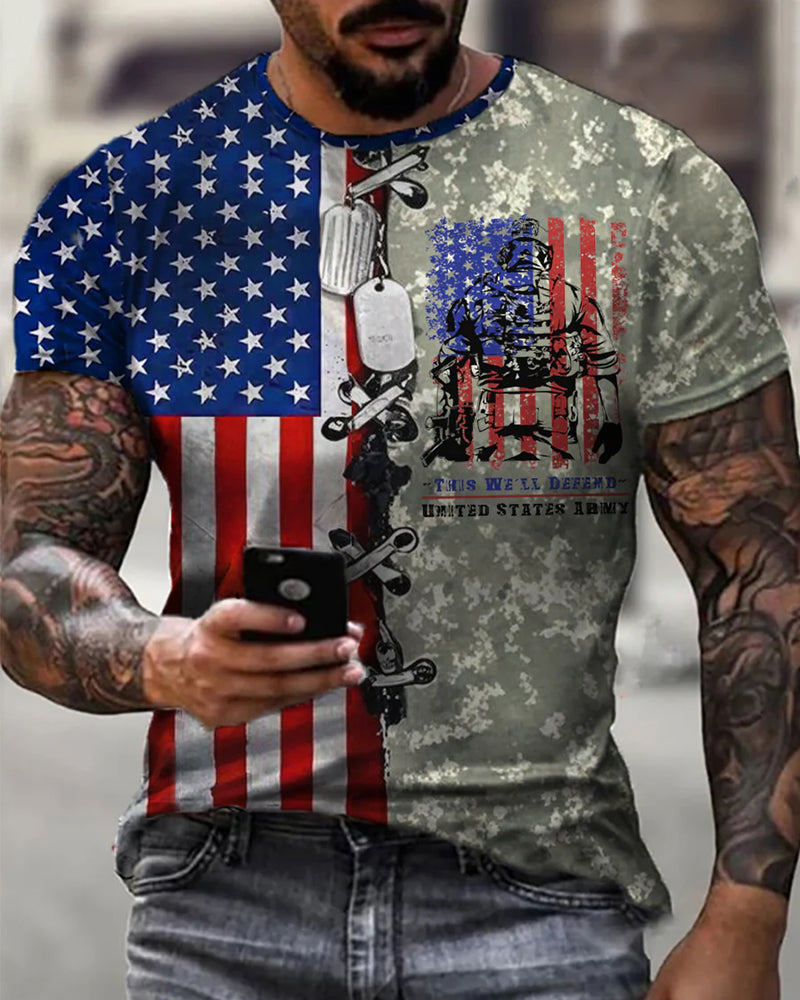 American-style Camouflage Patchwork Flag Military Dog Tag Patriotic‑themed Short‑sleeve T‑shirt