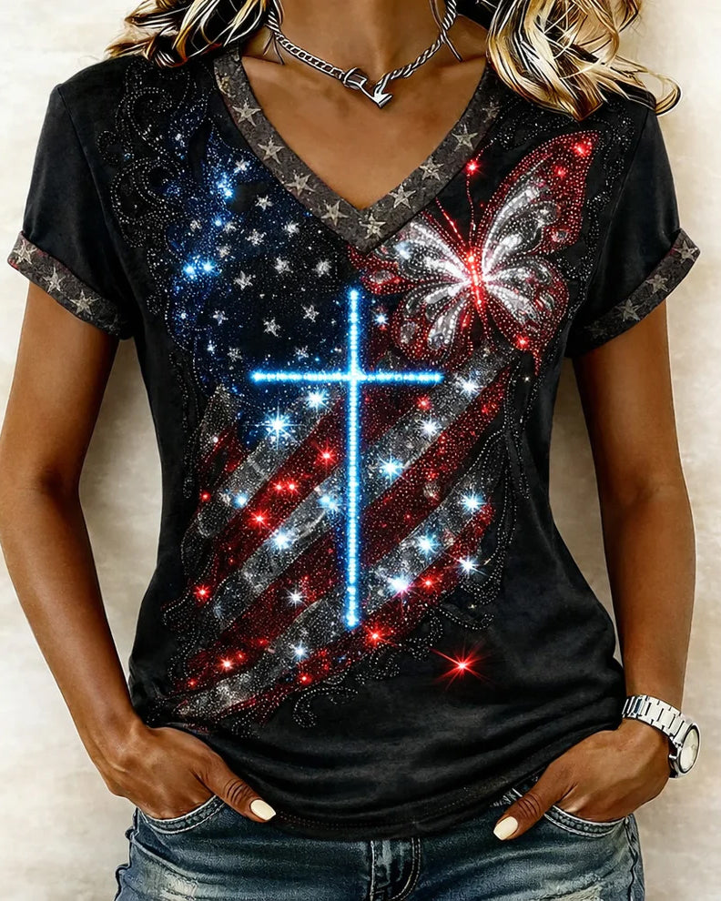 The Blue Cross of The American Flag Print V-neck Short Sleeve Tshirt