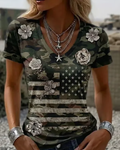 Women's  U.S. 250th Anniversary Camouflage Flag Print V-neck Short Sleeve Tshirt