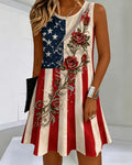 U.S. 250th Anniversary Flag Rose Print Round Neck Sleeveless Mini Casual Dress