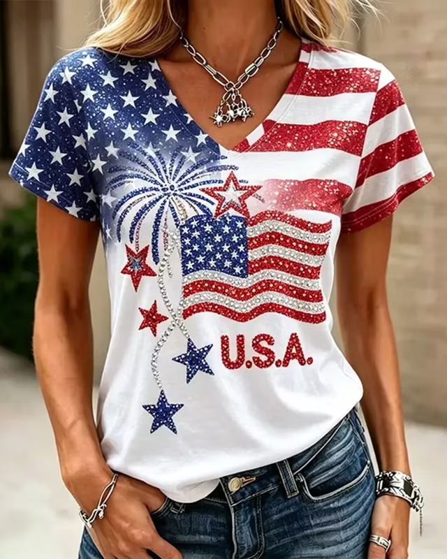 Women's U.S. 250th Anniversary Star Flag Print V-neck Short Sleeve Tshirt