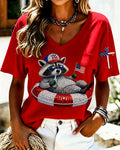 100% Cotton USA 250 Raccoon V Neck Short Sleeve Tshirt