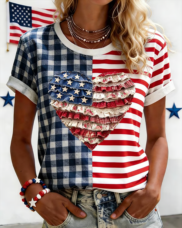 Crew Neck USA 250 Years Inspired Floral Printed Short-sleeved T-shirt