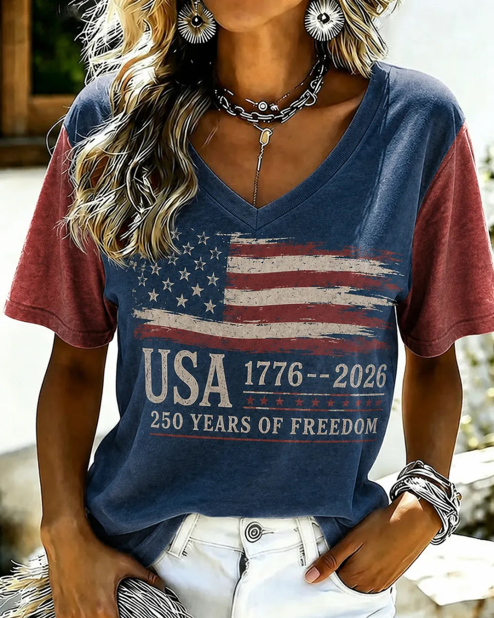 USA 250th Anniversary Proud Print with National Flag Print V-neck Short Sleeve Tshirt