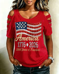 USA 250th Anniversary Round Neck Hollowed-out Short Sleeve Top