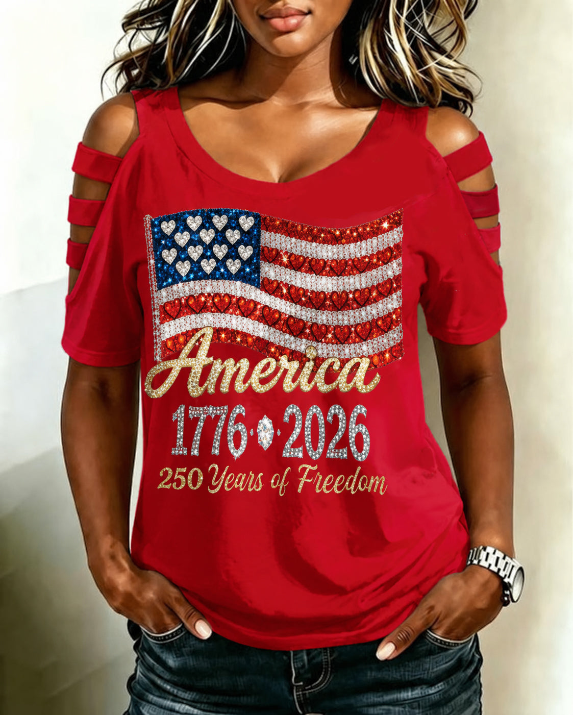 USA 250th Anniversary Round Neck Hollowed-out Short Sleeve Top