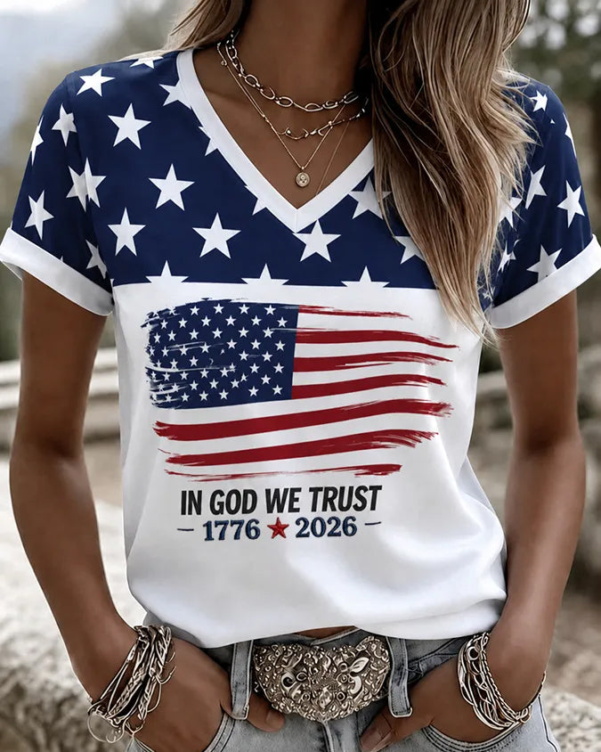 USA 250th Anniversary Print V-neck Short Sleeve Tshirt