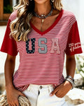 USA Red Stripes Print V-neck Short Sleeve Tshirt
