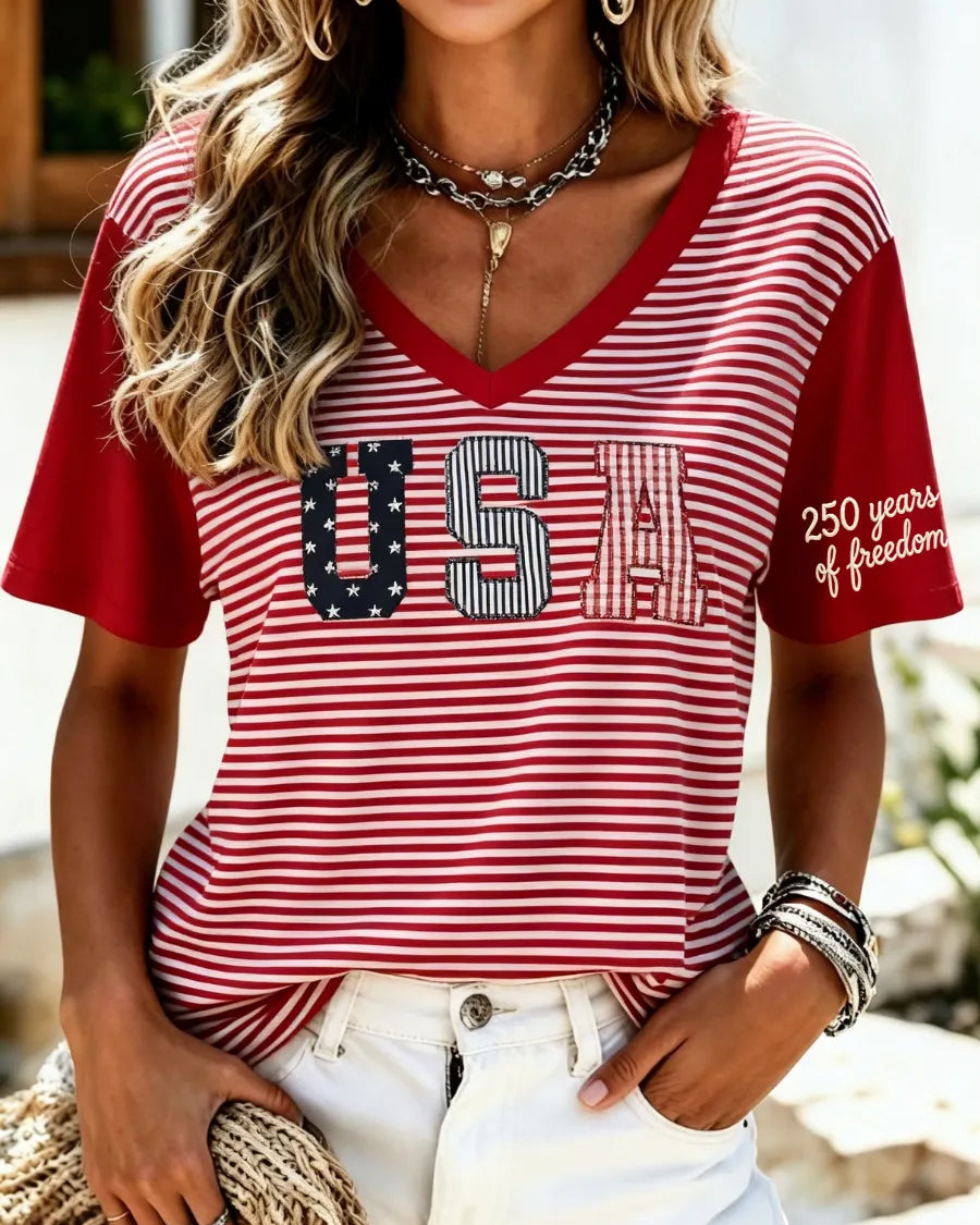 USA Red Stripes Print V-neck Short Sleeve Tshirt
