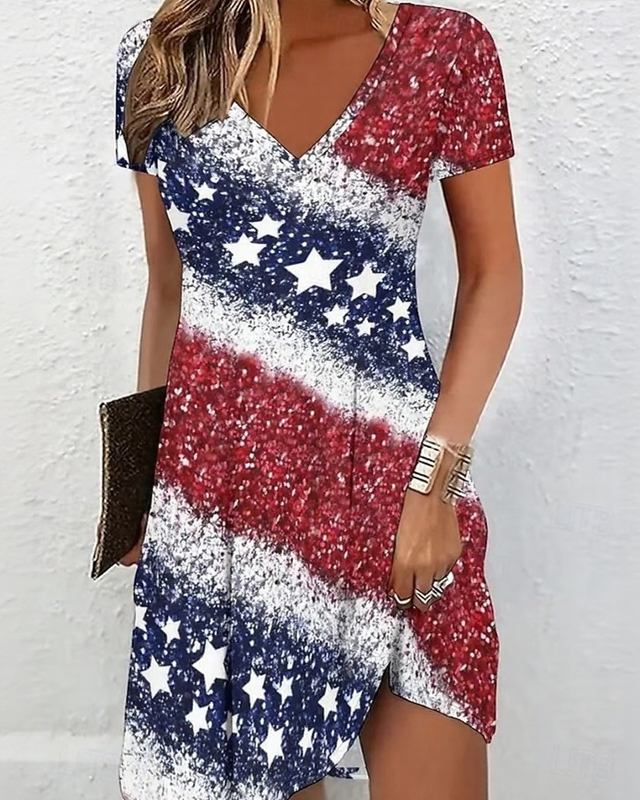 V-neck 250th Anniversary Striped Color Block Mini Dress