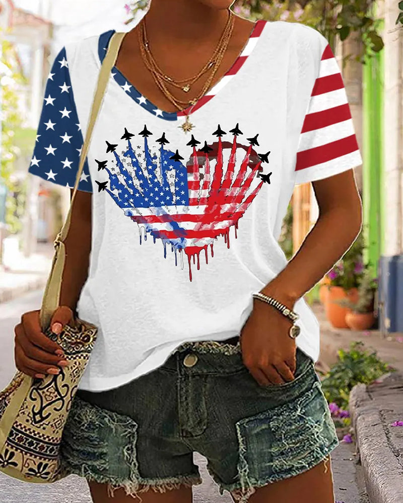American Flag Heart Plane Print V-Neck Short-Sleeve T-Shirt