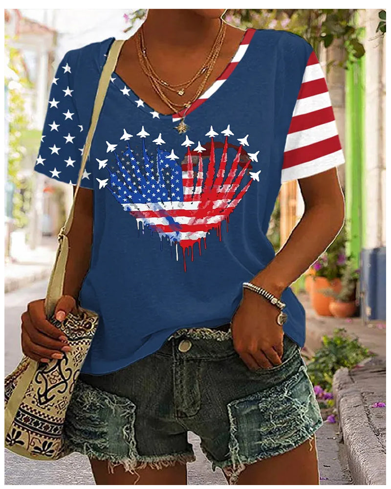 American Flag Heart Plane Print V-Neck Short-Sleeve T-Shirt