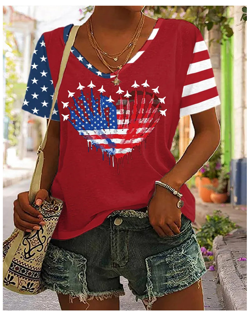 American Flag Heart Plane Print V-Neck Short-Sleeve T-Shirt