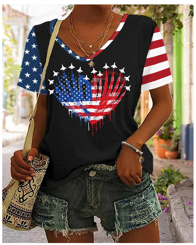 American Flag Heart Plane Print V-Neck Short-Sleeve T-Shirt