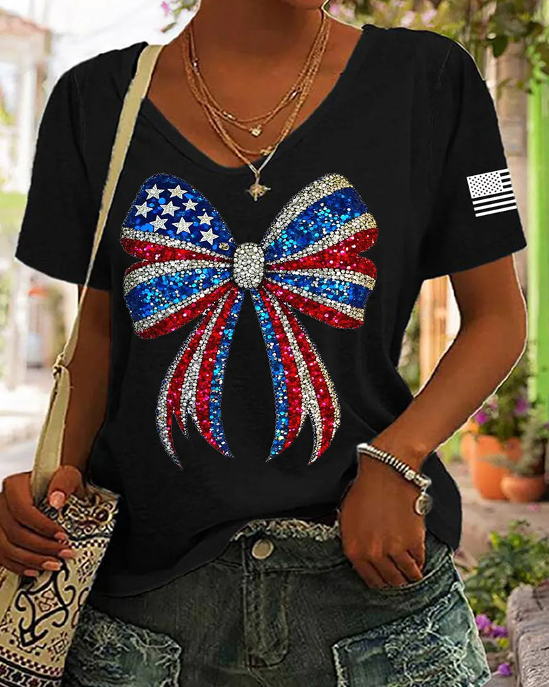 American Flag Bow Print V-Neck Short-Sleeve Tee