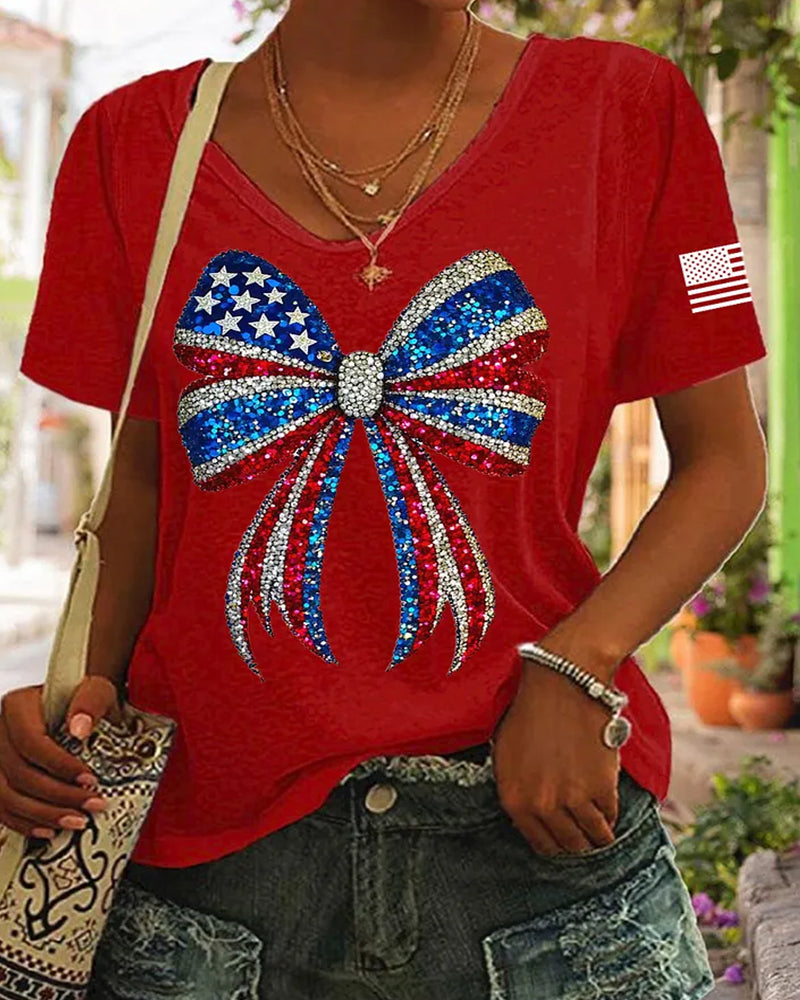 American Flag Bow Print V-Neck Short-Sleeve Tee