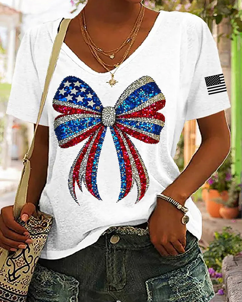 American Flag Bow Print V-Neck Short-Sleeve Tee