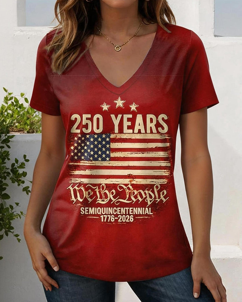 U.S. 250 Anniversary Stunned Flag Slogan Printed V-Neck Short Sleeve T-Shirt
