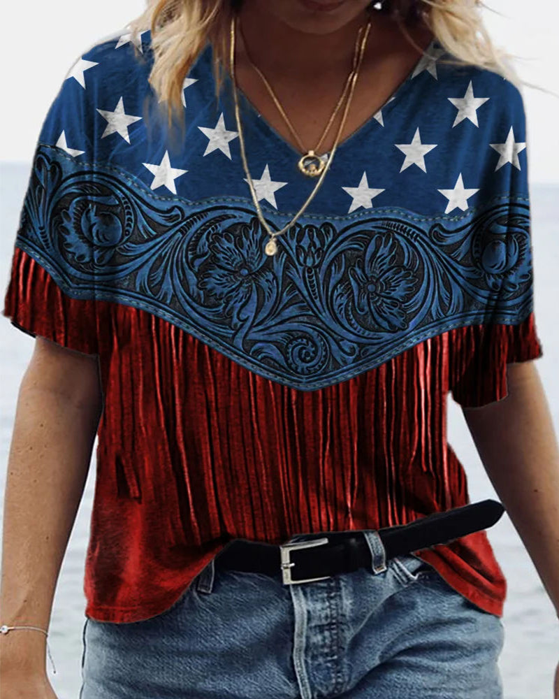 American Flag Western Tassel-Print V-Neck Short-Sleeve Tee