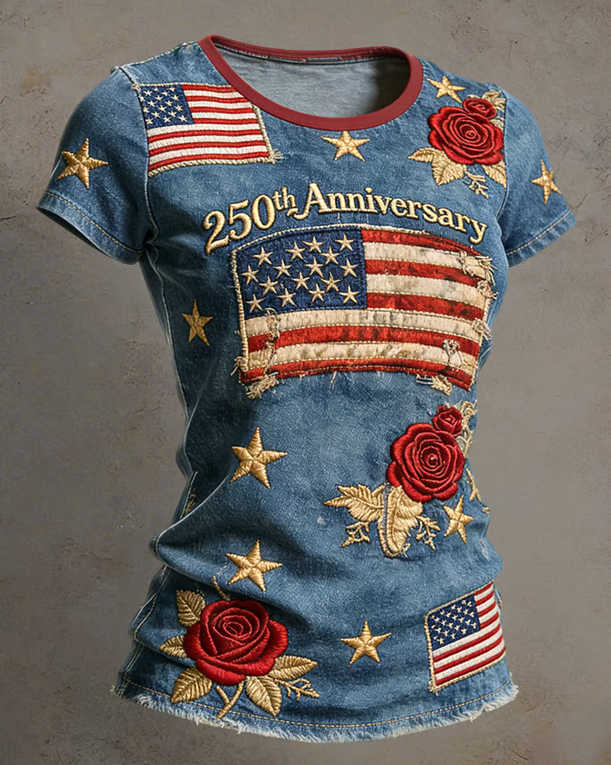 Vintage 250th Anniversary Flag Rose Print Crew Neck Short Sleeve Tshirt