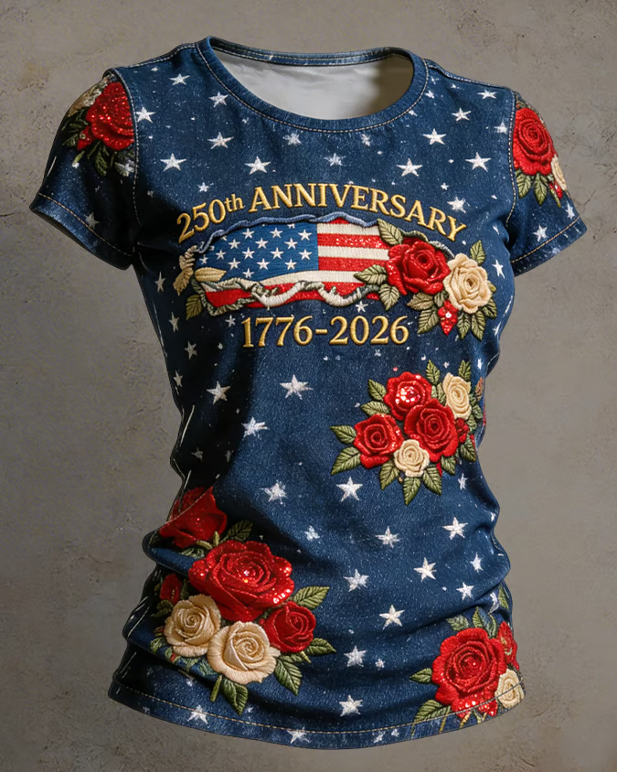 Vintage 250th Anniversary Star Rose Print Crew Neck Short Sleeve Tshirt