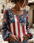 Vintage American Flag And Floral Art Sequin Print Round Neck Puff Sleeves Blouse